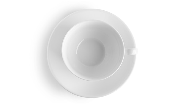 Empty white Cup and saucer on a white background. View from the top.