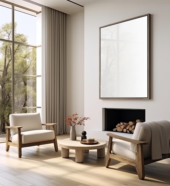 Empty white frame in the beige living room interior with furniture and a window