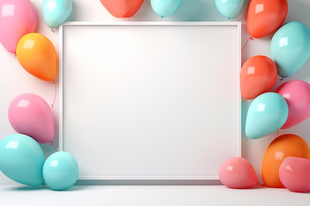 Empty white frame with balloons Birthday holiday celebration background mockup template Blank frame surrounded by colorful helium balloons Party greetings card poster for anniversary or photo