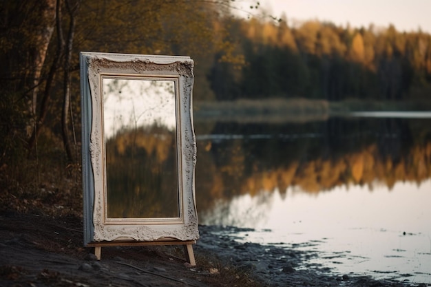 Empty white frame with calm water reflection