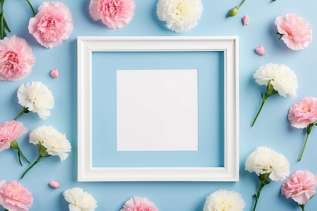 Empty white frame with gentle pink carnations and white gypsophila flowers on it on pastel light blue backdrop happy mothers or valentines day view from above copy space holiday mock up