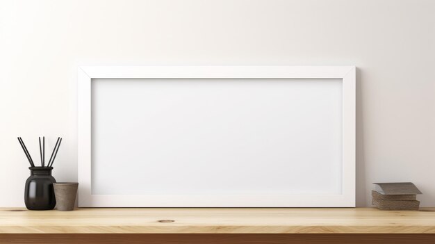 Empty White Frame On Wooden Desk 3d Rendering In 8k Resolution