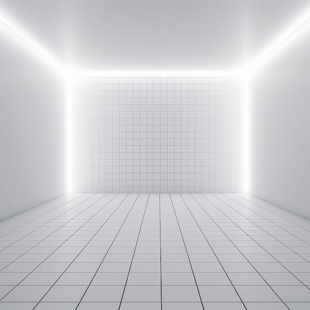 An empty white futuristic room with geometric elements