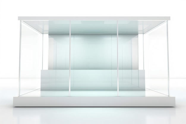 Пустой выставочный стенд из белого стекла для демонстрации продуктов и услуг на белом фоне