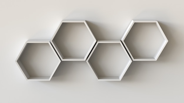 Photo empty white hexagons shelves on blank wall background