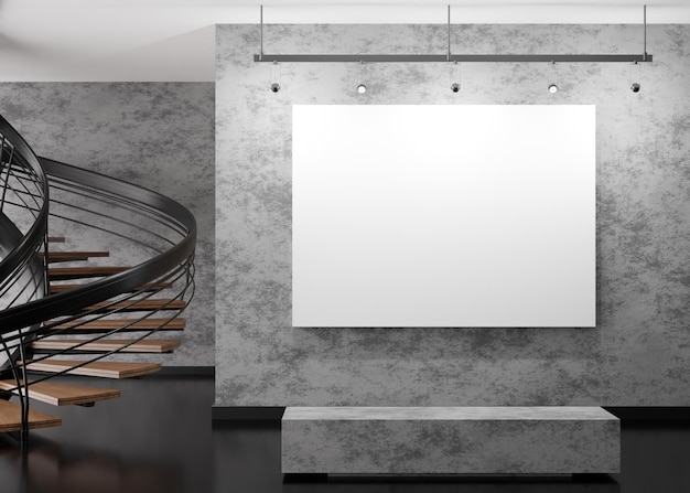 Empty white horizontal canvas on concrete wall in modern art gallery Mock up interior in contemporary style Free copy space for your picture Exhibition space 3D rendering