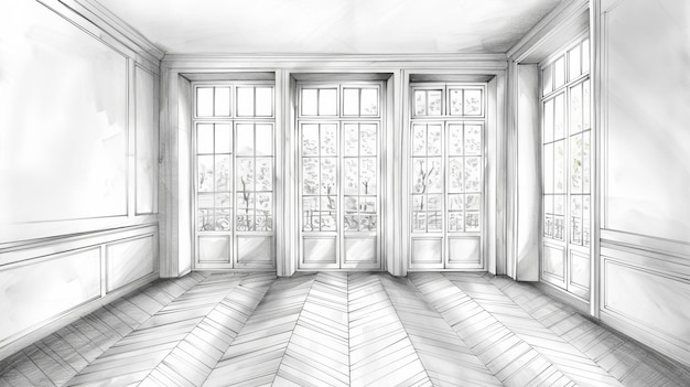 empty white interior with parquet floor and three panoramic windows hand drawing custom architecture
