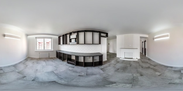 Empty white kitchen room without furniture full seamless\
spherical hdri panorama 360 degrees in interior room in modern\
apartments in equirectangular projection