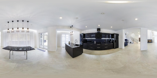 Empty white kitchen room without furniture full seamless\
spherical hdri panorama 360 degrees in interior room in modern\
apartments in equirectangular projection