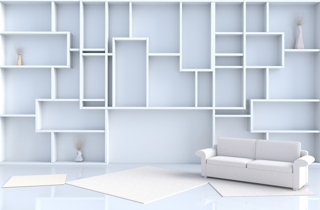 Empty white living room decor with shelves wall, 3D render