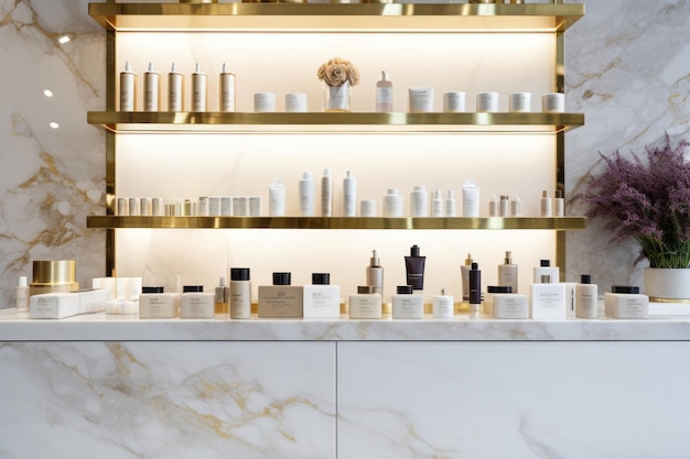 Empty white marble counter in elegant and luxury interior design of beauty cosmetic shop with gold steel shelf and personal skin and hair care product and decorative glass backdrop partition