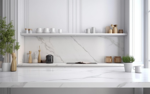 Empty white marble counter top table modern kitchen AI Generative AI