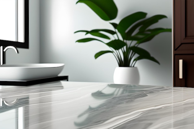 Empty white marble countertop in a bathroom