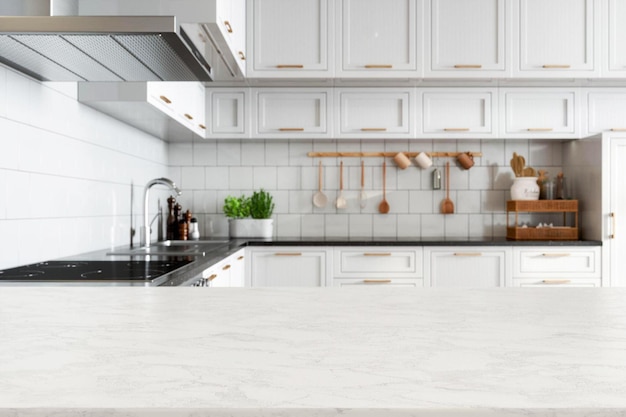 Empty White Marble Countertop With Blurred Kitchen Background