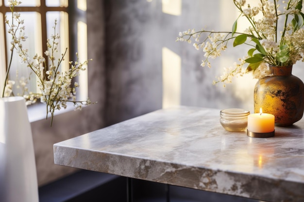 Empty white marble table over blur green park background