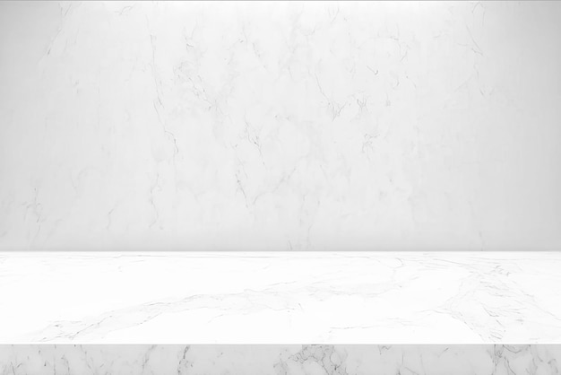 白い壁のカウンタートップに空の白い大理石のテーブルの上に、パッケージやモックアップのデザインテンプレートを表示するためのバナーの抽象的な背景をモックアップ