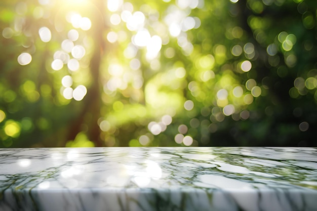 Photo empty white marble table top with green nature bokeh background for product display