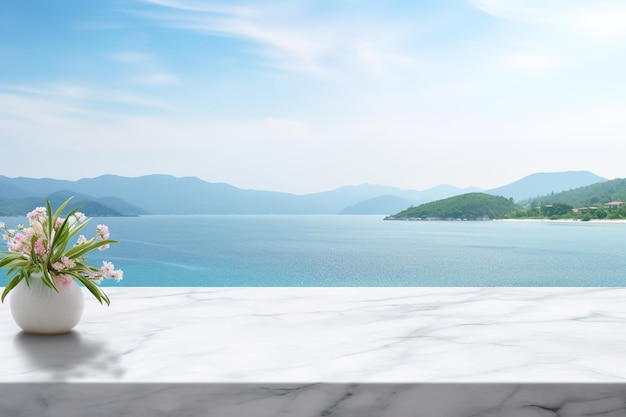 Empty white marble table top with sea background. mockup design for display or montage of product placement. summer luxury layout