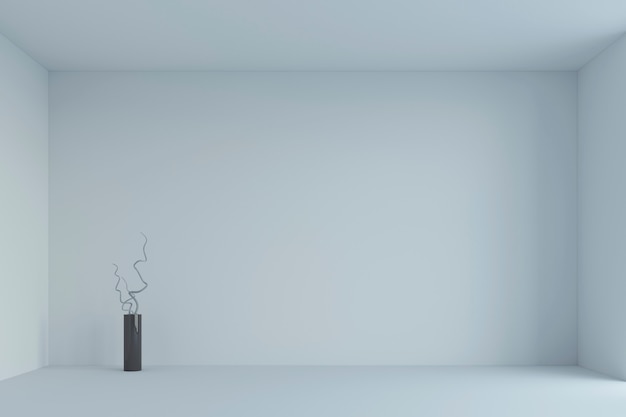 Empty white minimalist room and vase with branches. 3d render