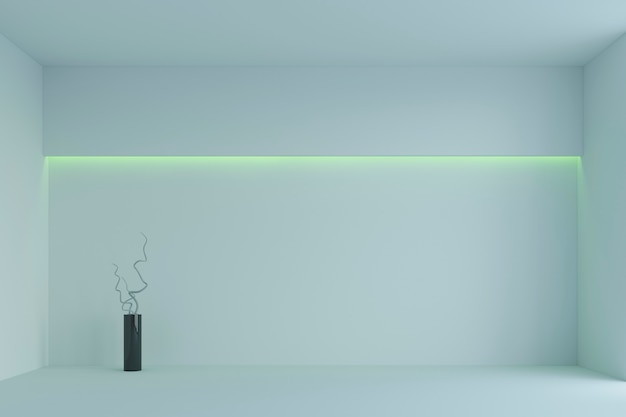 写真 緑色のバックライト付きの空の白いシンプルな部屋。 3dレンダリング