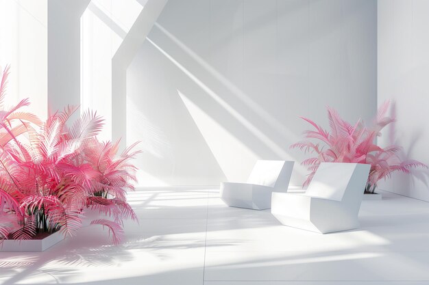 Empty white minimialistic interior with pink plants Cubic furniture Sun light shadow