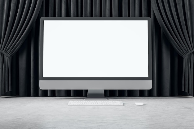 Photo empty white mock up computer monitor black curtains and concrete flooring cinema stage and theater 3d rendering