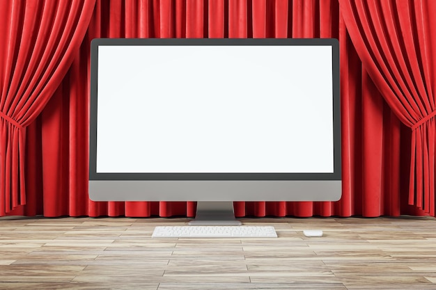 Empty white mock up computer monitor red curtains and wooden flooring Cinema stage and theater 3D Rendering