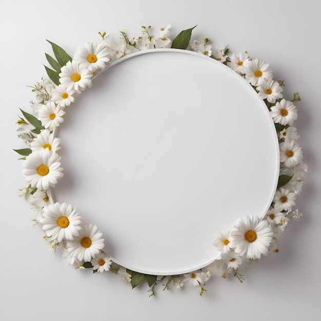 Empty white mocup circle in a text frame with flowers decor