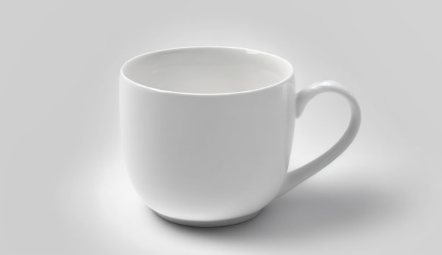 Empty white mug on white blank background mockup