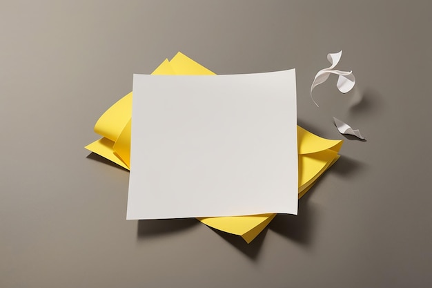 Photo empty white note paper floating on yellow art paper background and have quotation mark for design in your