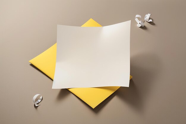 Photo empty white note paper floating on yellow art paper background and have quotation mark for design in your