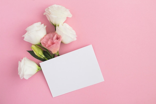 Empty white paper for text and white flowers on the pink background