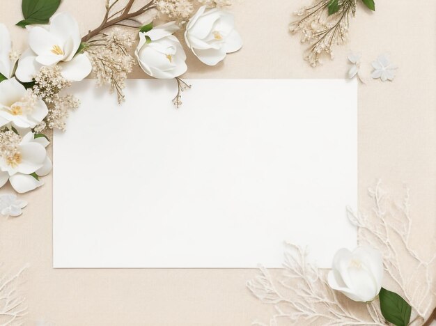 Empty White Paper with Blank Flowers and Branches on Beige Background