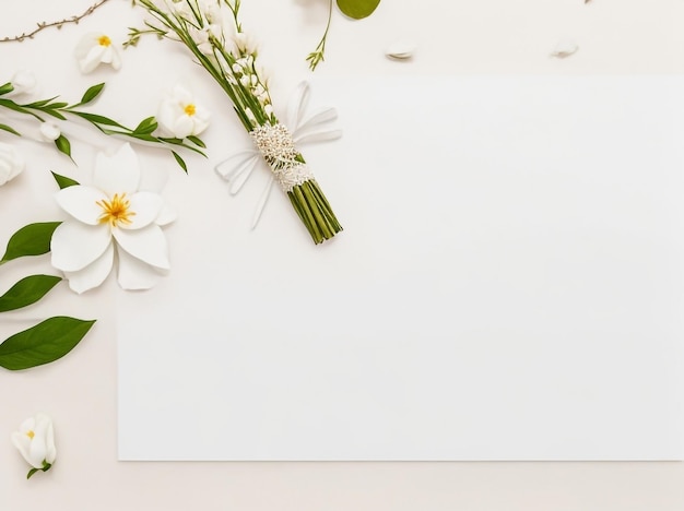 Empty White Paper with Blank Flowers and Branches on Beige Background