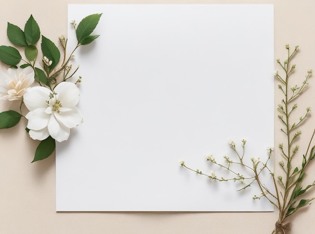 Foto libro bianco vuoto con fiori bianchi e rami su sfondo beige