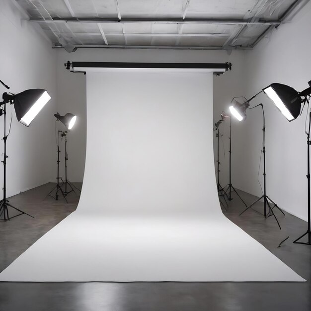 Empty white photo studio with spotlight background