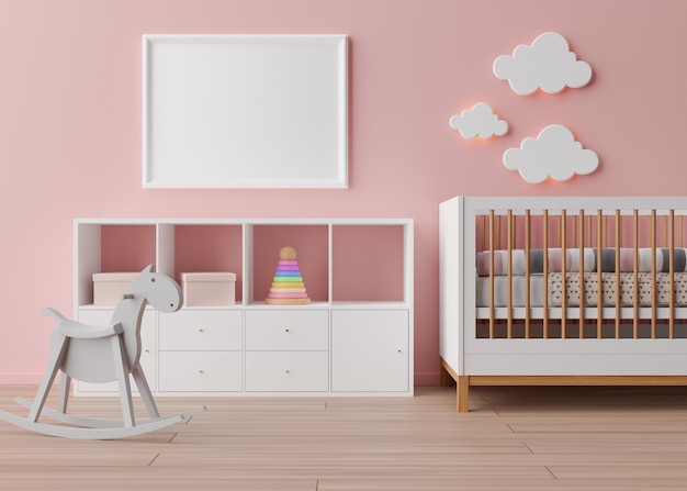 Empty white picture frame on pink wall in modern child room.\
mock up interior in scandinavian style. free, copy space for your\
picture. rocking horse, bed, toys. cozy room for kids. 3d\
rendering.