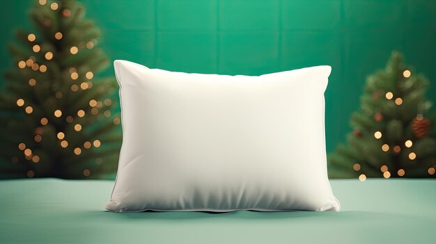 an empty white pillow resting on a fluffy green carpet the scene with Christmas spirit all while maintaining a modern minimalist style inviting viewers to imagine their own holiday comfort