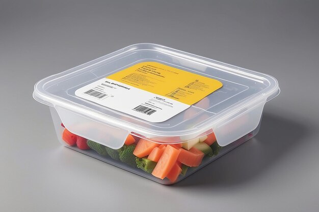 Empty White Plastic Food Container with Label on Gray Background