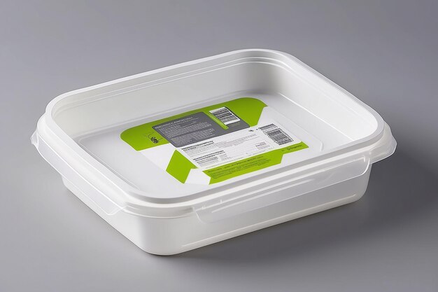 Empty White Plastic Food Container with Label on Gray Background