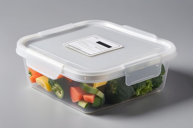 Empty White Plastic Food Container with Label on Gray Background