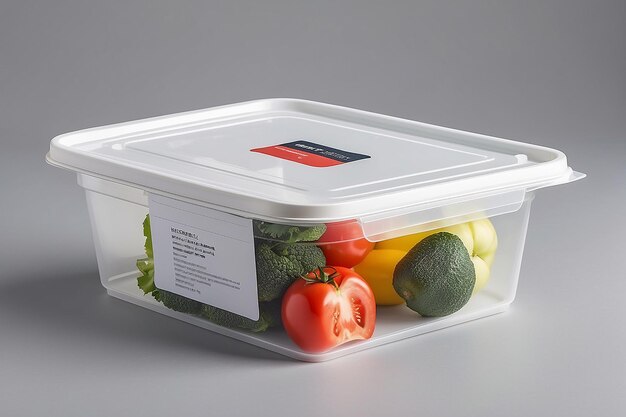 Empty White Plastic Food Container with Label on Gray Background