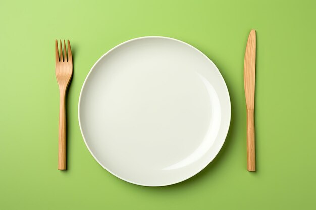 Photo empty white plate fork and knife on green background top view generative ai