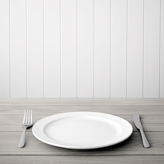 Empty white plate with fork and knife on wooden table