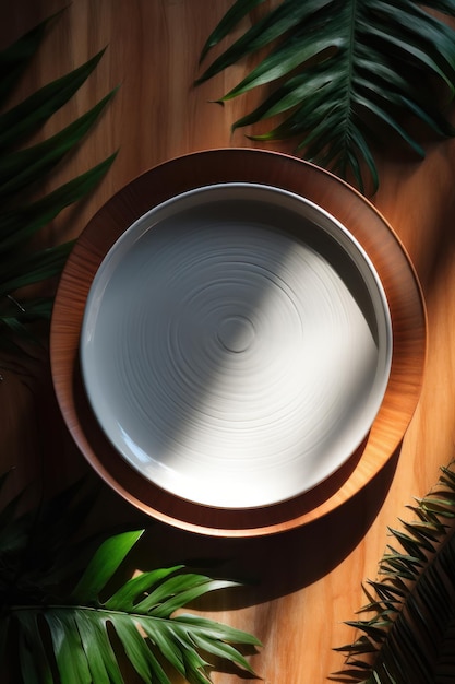 empty white plate on wooden table with palm leaves in morning sun light