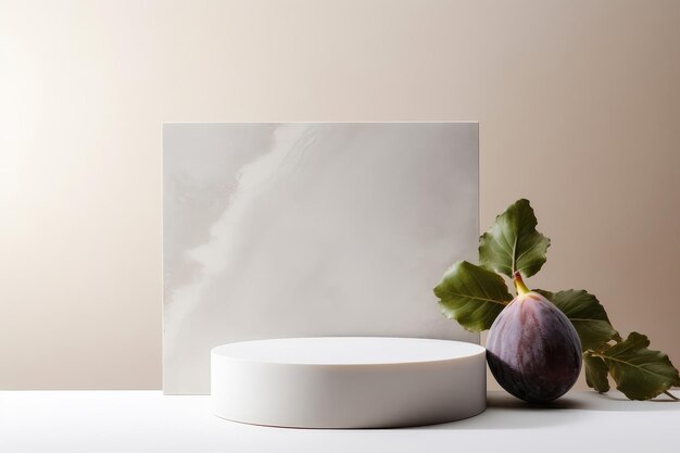 Photo empty white podium stone on white background fig next to it mockup for cosmetic products generative ai