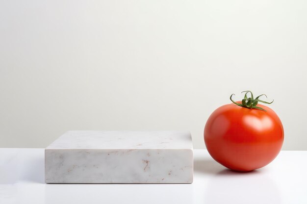 Photo empty white podium stone on white background tomato next to it mockup for cosmetic products generative ai