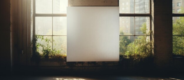 Empty white poster hanging on concrete wall with sunlight filtering through the window