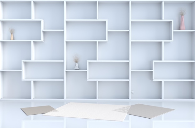 Empty white room decor with shelves wall, tile floor, carpet, branch in 3D render.