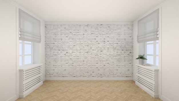 Empty white room interior modern style with windows and wooden floor. 3d Render